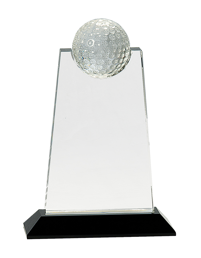 9" Clear Crystal Tablet with Inset Golf Ball on Black Pedestal Base