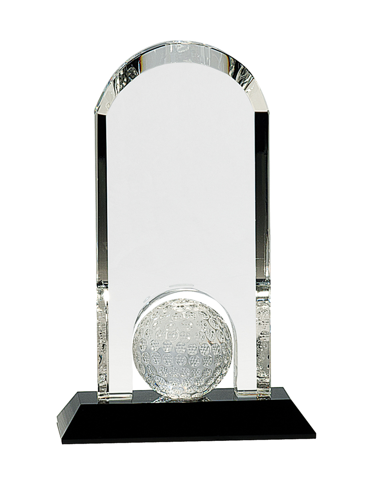 9" Clear Crystal Dome with Inset Golf Ball on Black Pedestal Base