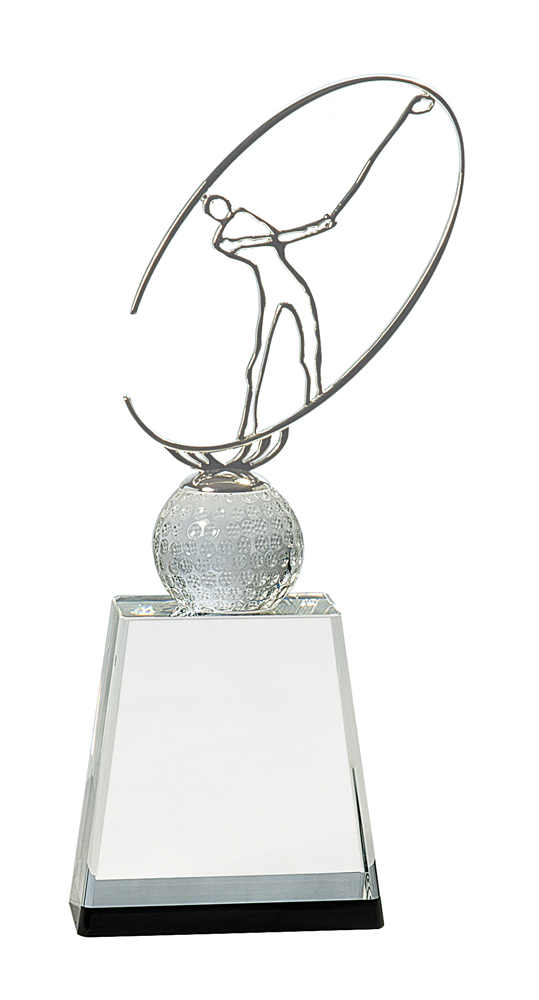 11" Clear/Black Crystal Golf Award with Silver Metal Oval Figure