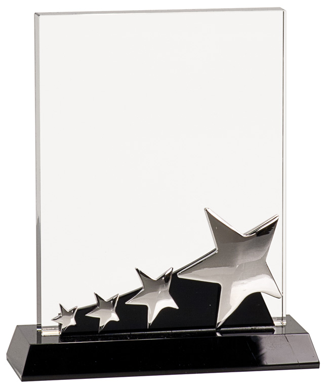 7" Rectangle Crystal with Silver Stars on Black Pedestal Base