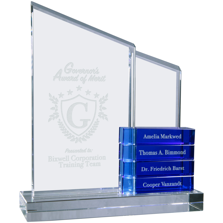 8" x 9" Crystal Perpetual Standup Plaque with 4 Blue Crystal Blocks