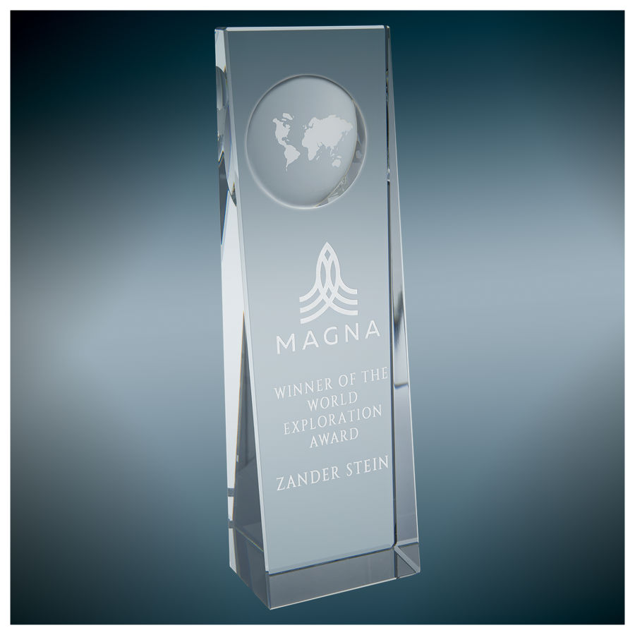 2 3/4" x 8 3/4" Clear Crystal Slant Front Rectangle with Engraved Globe