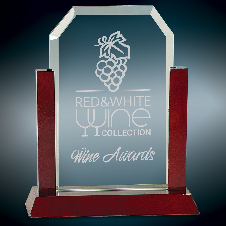 9" Gateway Jade Clip Corner Glass Award with Rosewood Finish Base