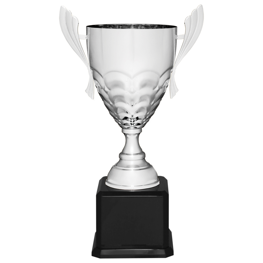 21" Silver Completed Metal Cup Trophy on Black Royal Piano Finish Base