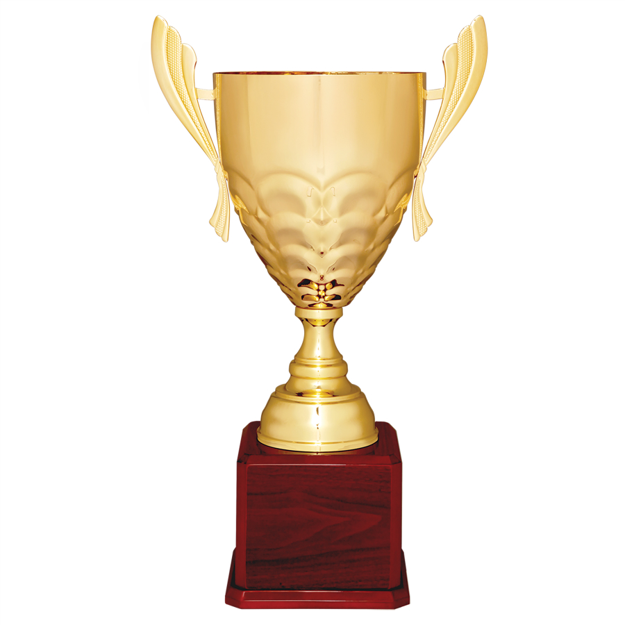 25 1/4" Gold Completed Metal Cup Trophy on Rosewood Royal Piano Finish Base