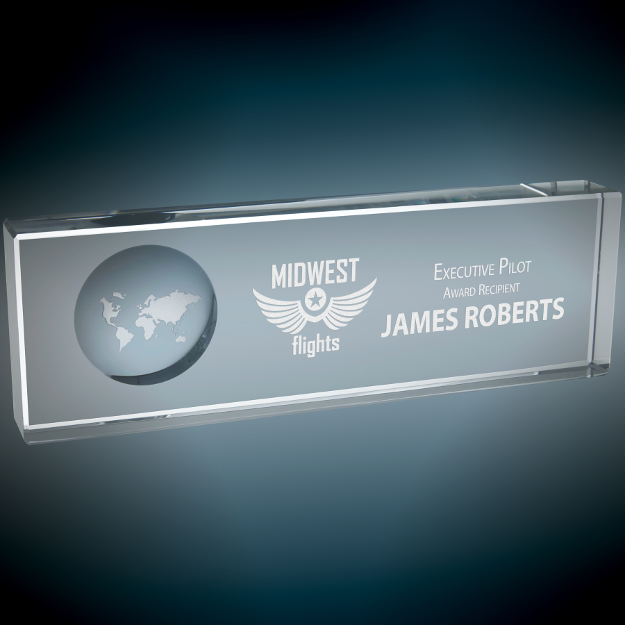 8 3/4" x 2 3/4" Clear Crystal Horizontal Name Bar with Engraved Globe
