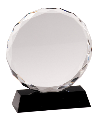 [CRY001L] 7" Round Facet Crystal on Black Pedestal Base