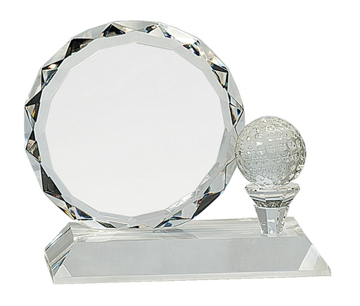 [CRY161] 5 1/4" Round Facet Crystal with Golf Ball on Clear Pedestal Base