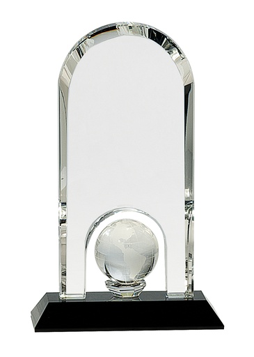 [CRY318] 8 3/4" Clear Crystal Dome with Inset Globe on Black Pedestal Base