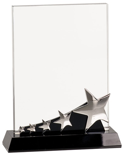 [CRY140] 8" Rectangle Crystal with Silver Stars on Black Pedestal Base