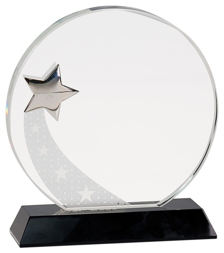 [CRY142] 7 1/4" Round Crystal with Silver Star on Black Pedestal Base