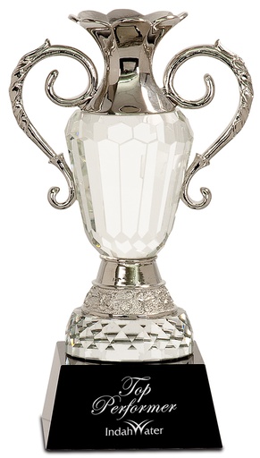 [CRY062L] 10" Crystal Cup with Silver Metal Handles on Black Pedestal Base