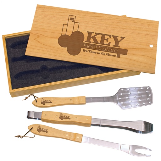 [BBQ01A] 3-Piece BBQ Set in Wooden Pine Box, engraving included
